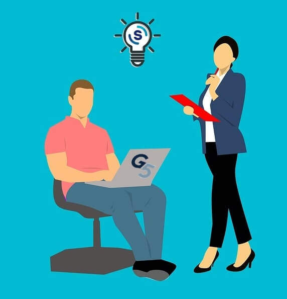 Drawing of two G5 employees working with a Shape PPC budgeting platform lightbulb illuminating their processes and strategy