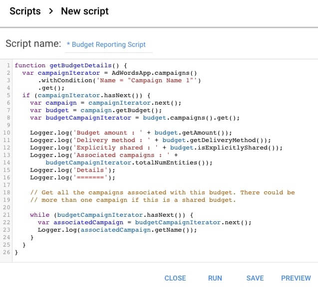 Google Ads budget tracking script