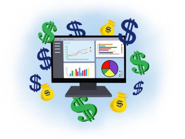 Drawing of computer screen with charts, graphs, and dollar signs representing PPC Budget Management solutions