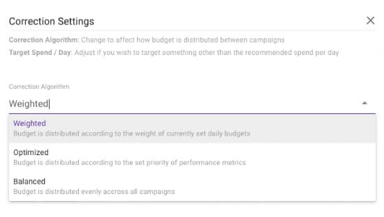 Shape PPC Budget Pacer correction settings: weighted, optimized, or balanced