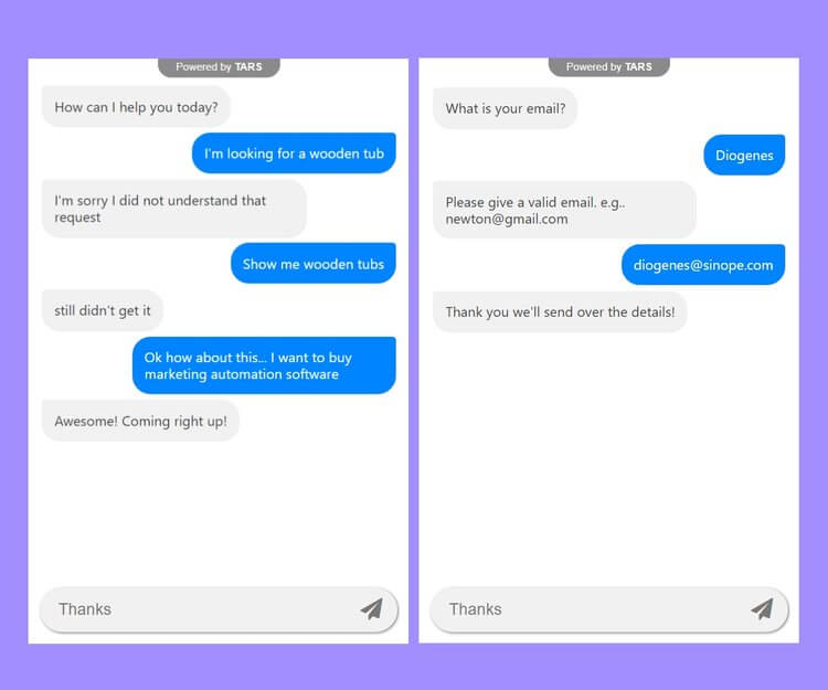 Side-by-side comparison showing a chatbot ask broad, general questions to a human versus asking specific questions that are easy for the chatbot to understand.