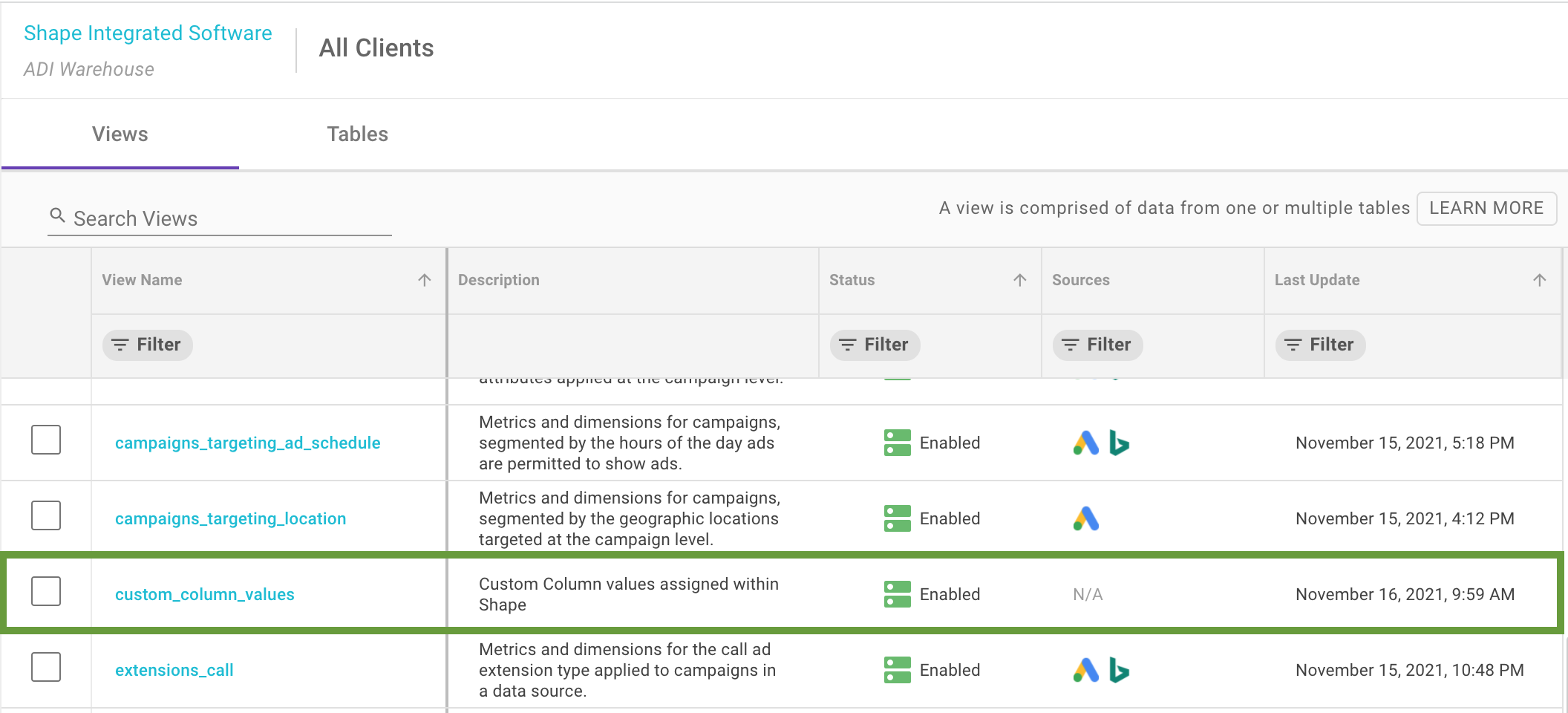 Custom Column Values view as shown in the Shape ADI