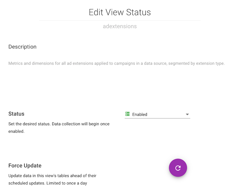 Shape Advertising Data Infrastructure interface showing how users can click a view name to open the data in BigQuery