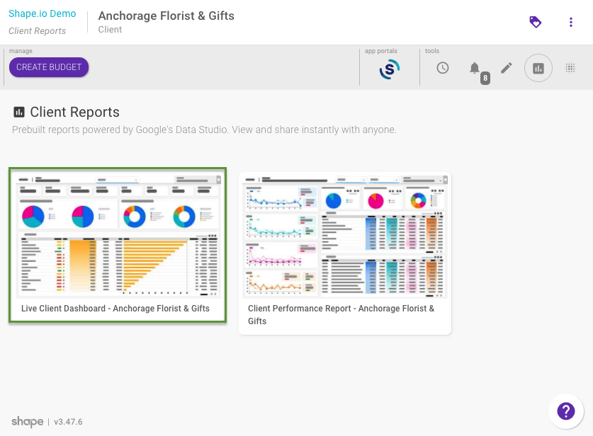 The client-level reports page where Shape users can access the Live Client Dashboard