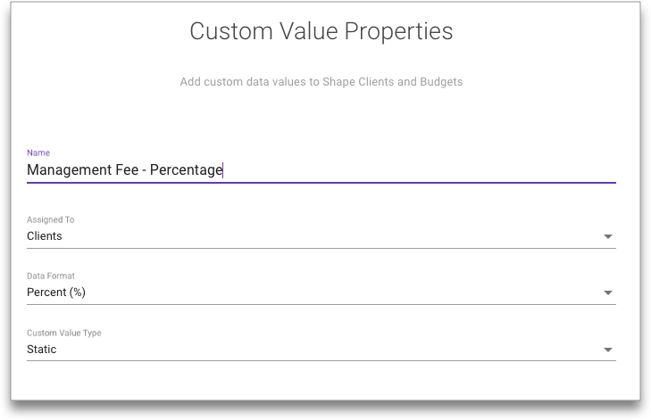 custom value management fee percentage example creation