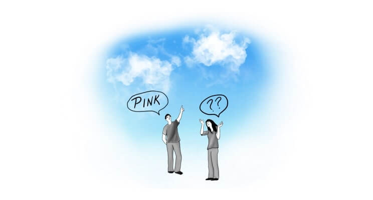 A man pointing to a blue sky saying that it is pink. A woman next to the man is confused