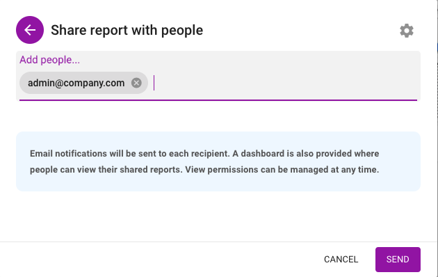 Highlights how to add people's email addresses in order to share Shape's In-Platform Reports with them