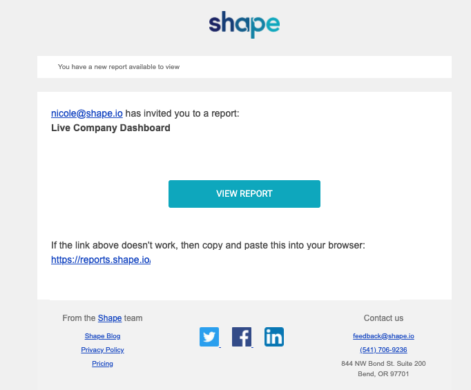 Email contacts receive when a Shape In-Platform Report is shared with them