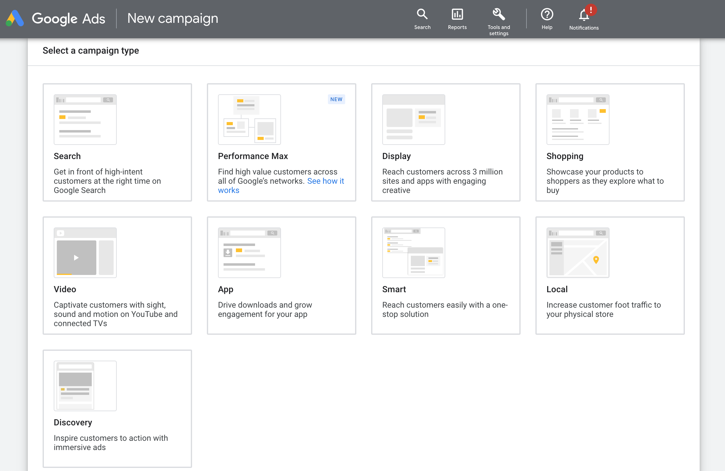 Google Ads campaign types available in the platform