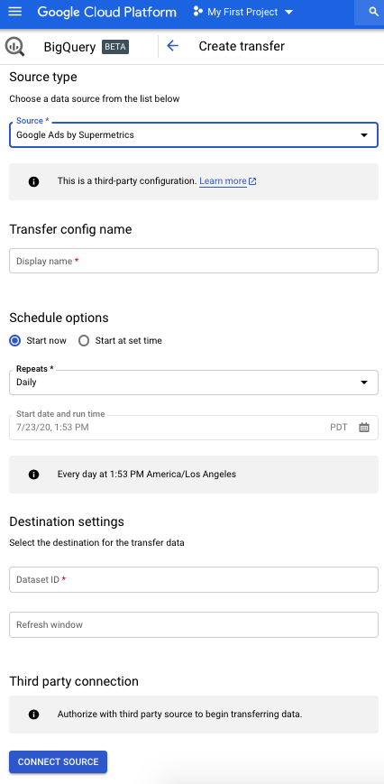 Google Big Query interface showing the Create Transfer form necessary to transfer Google Ads data