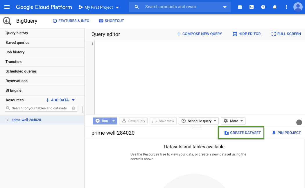 Google Big Query interface showing where to create a new dataset