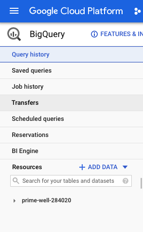 Google Big Query interface showing where to click the transfer tab to create a new Twitter Ads data transfer