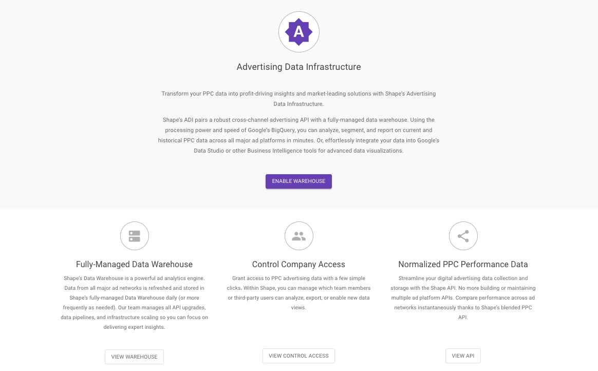 Shape Advertising Data Infrastructure interface showing where users click Enable Warehouse to generate a unique PPC data warehouse