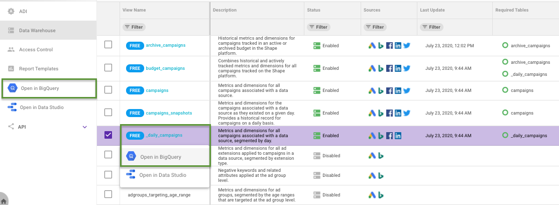 Shape Advertising Data Infrastructure interface showing how users can click a view name to open the data in BigQuery