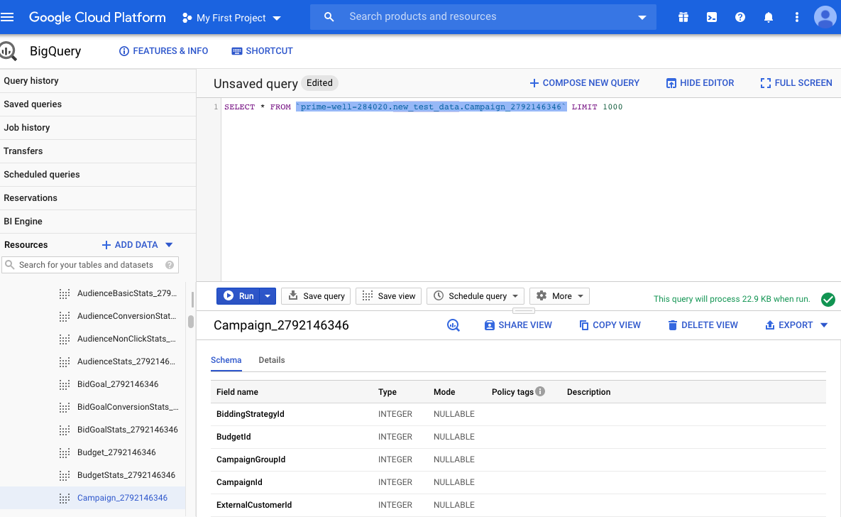 Google BigQuery interface showing screen where users can query Google Ads data from their newly created data transfer