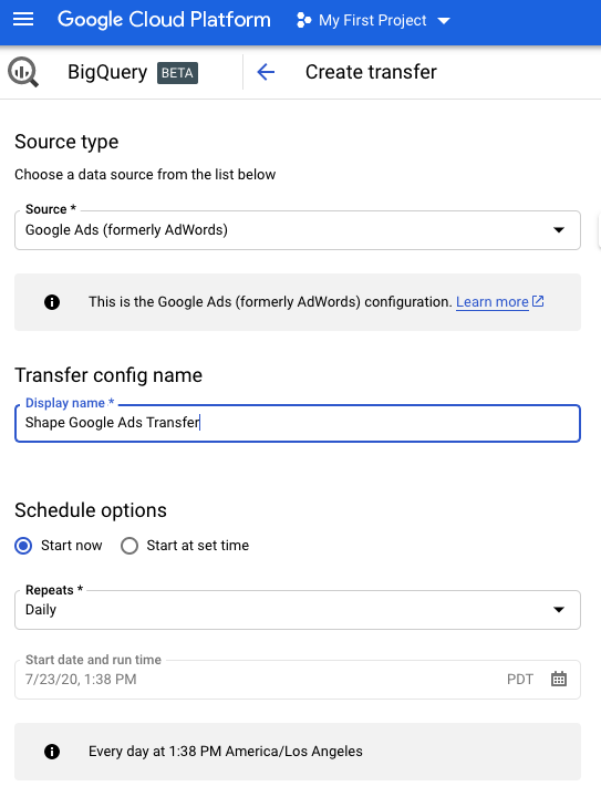 Google BigQuery interface showing form to create and name a data transfer