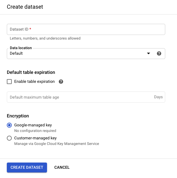 Google Big Query interface showing the Create Dataset form