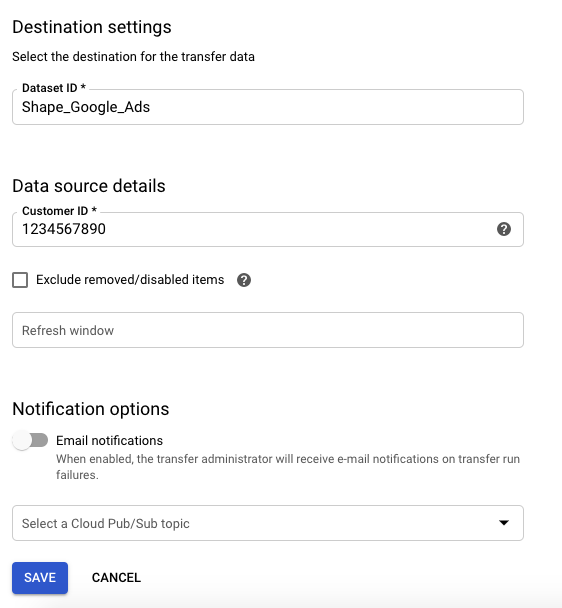 Google Big Query interface showing where to enter an Google Ads account ID