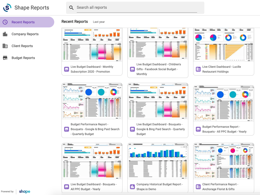 Shape Reports page showing all reports a Shape user has access to