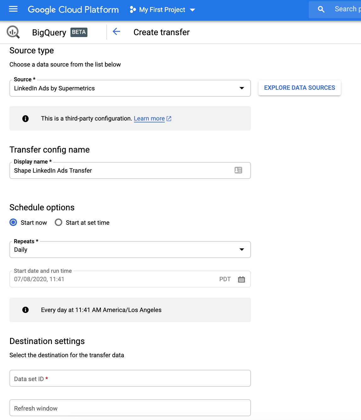 Google Big Query interface showing the Create Transfer form and necessary settings