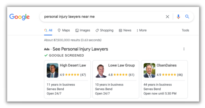 Google Local Services Ad for Personal Injury Lawyers