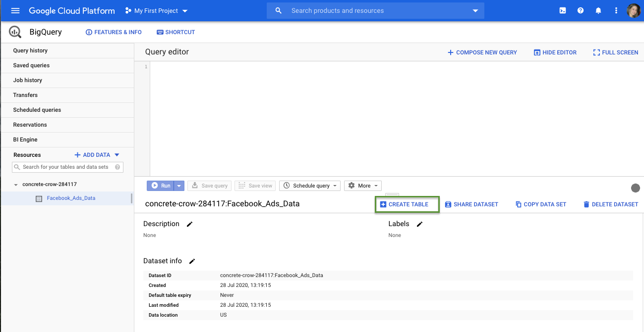 Google BigQuery interface showing where to click to create a new data table
