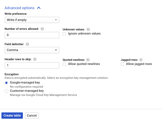 Google BigQuery form to create a table. It shows the advaced inputs needed for setting a comma field delimiter