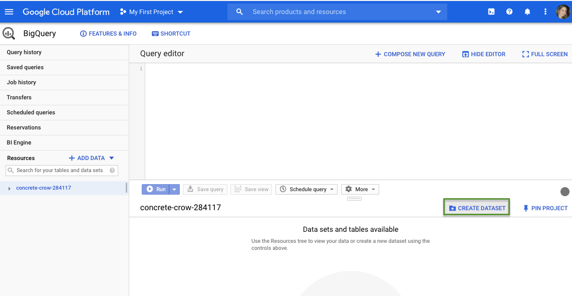 Google BigQuery interface showing where to click to create a new dataset