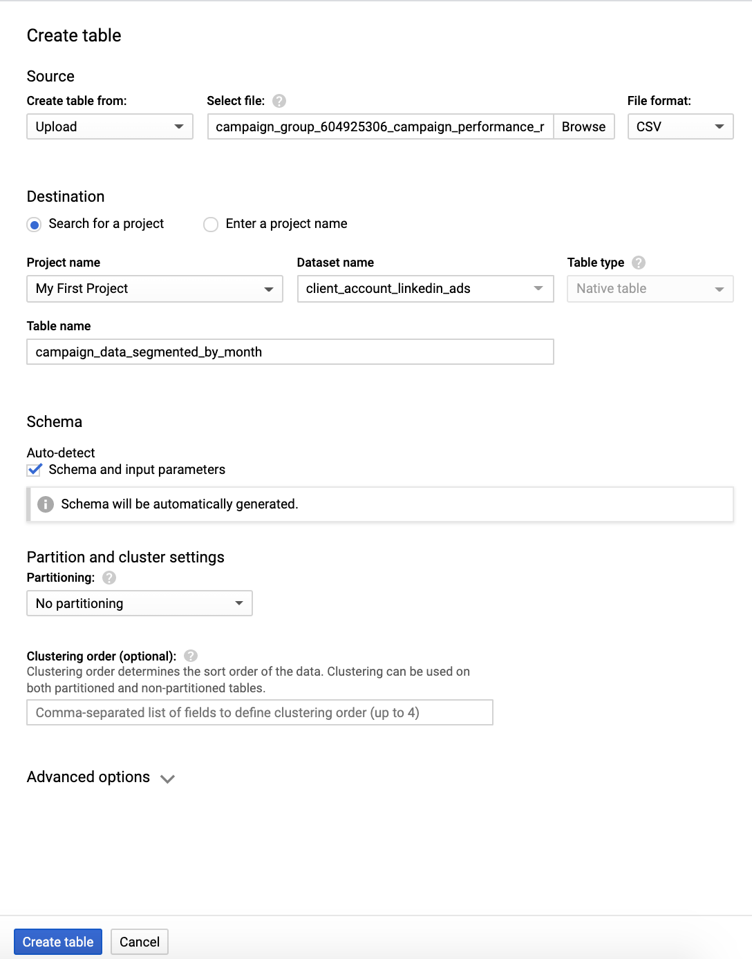 Google BigQuery form to create a table. It shows the inputs needed to create a data table for LinkedIn Ads data