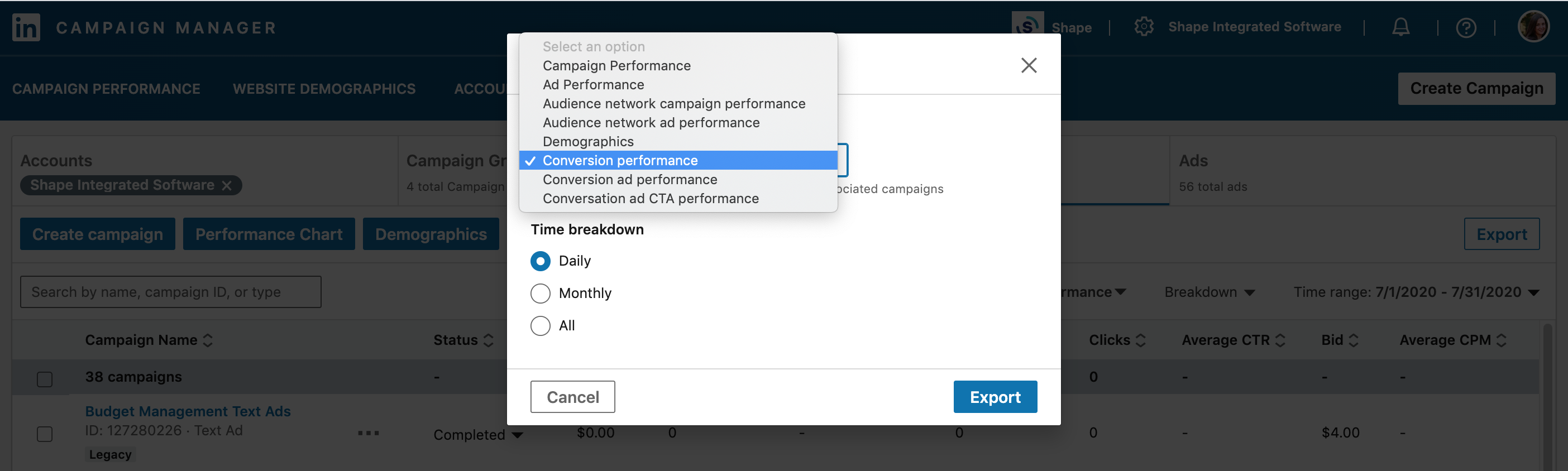 LinkedIn Ads interface showing where to download PPC reports