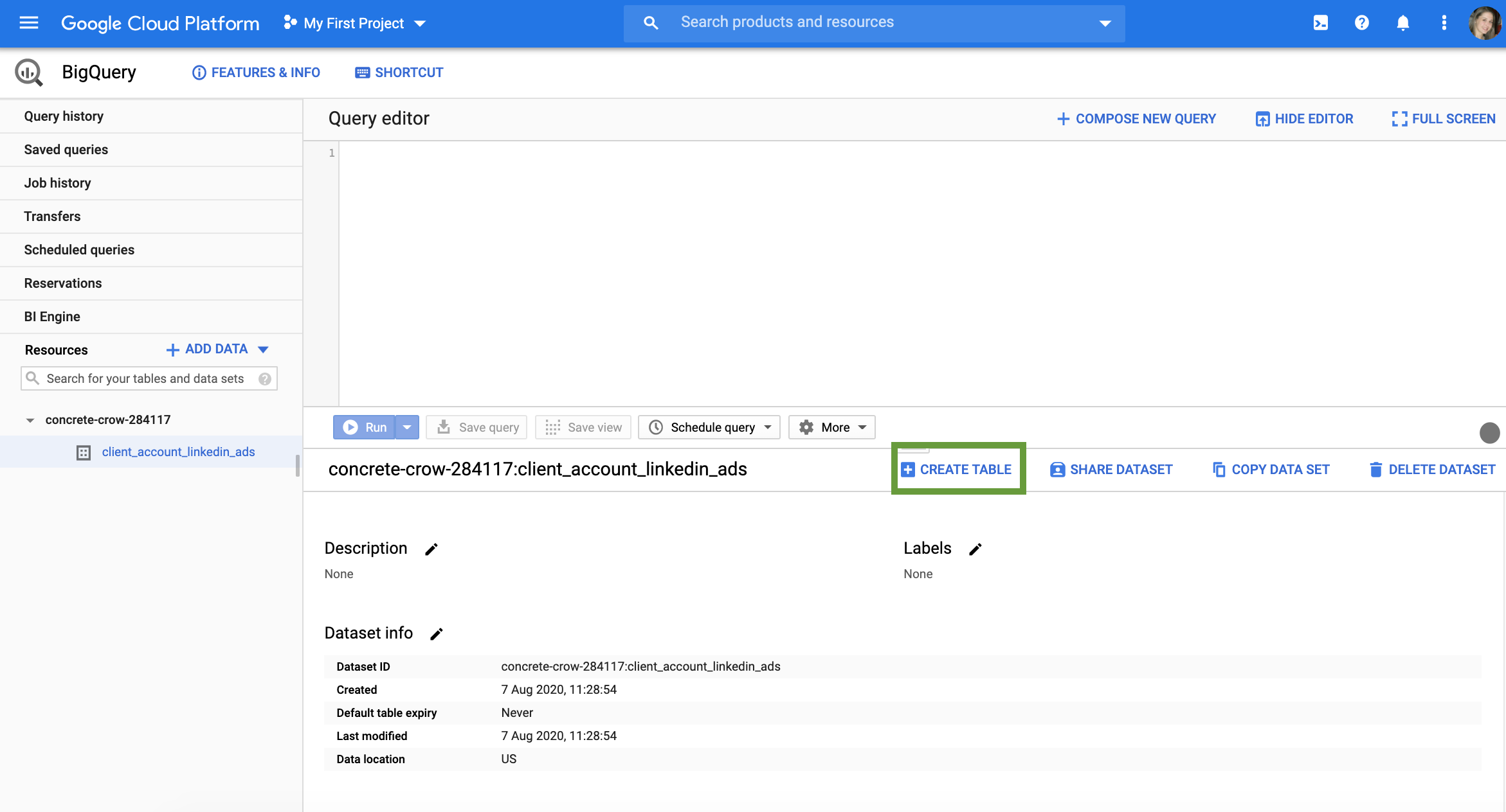 Google BigQuery interface showing where to click to create a new data table
