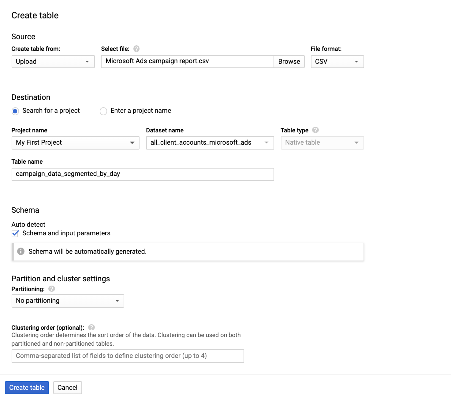 Google BigQuery form to create a table. It shows the inputs needed to create a data table for Microsoft Ads data