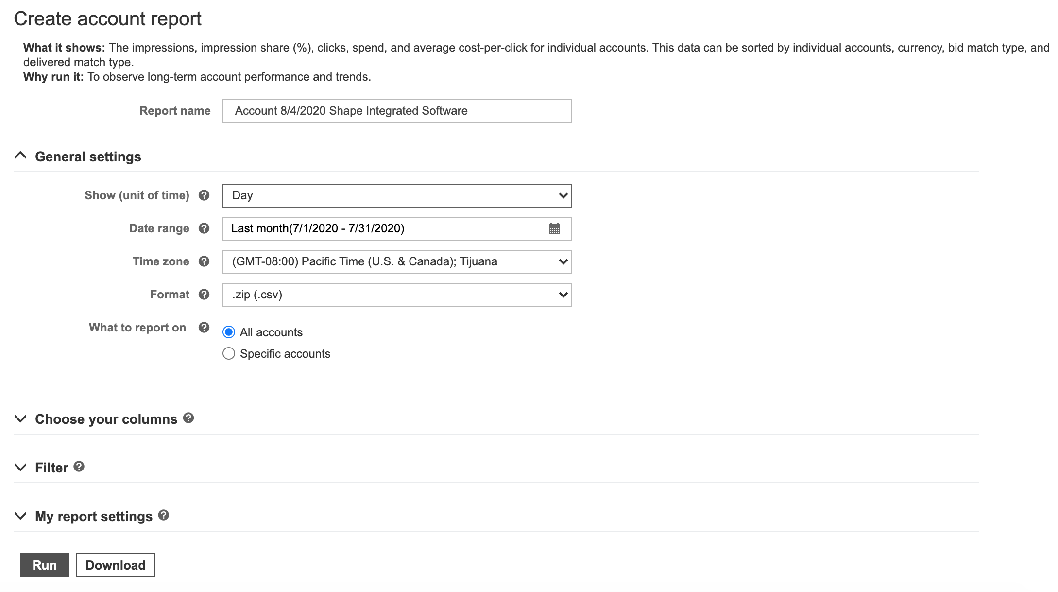 Microsoft Ads interface showing where and how to download a report