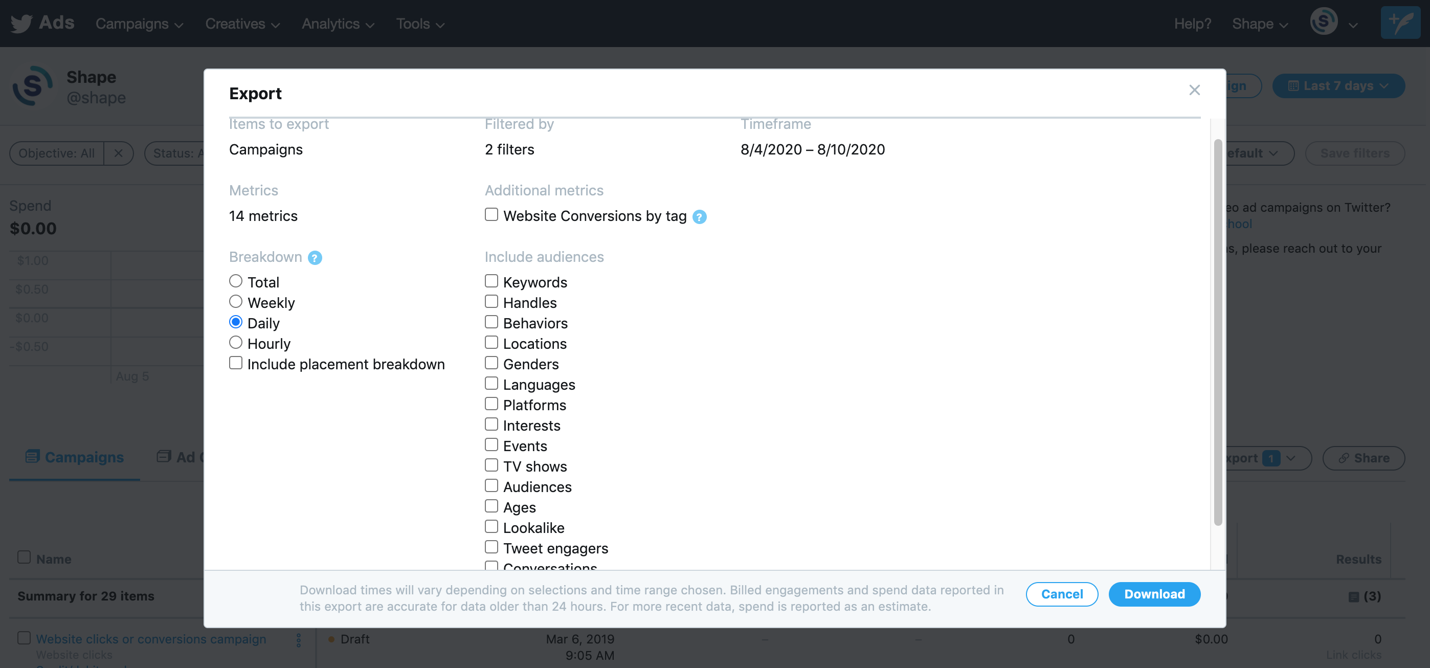 Twitter Ads interface showing how to download a report