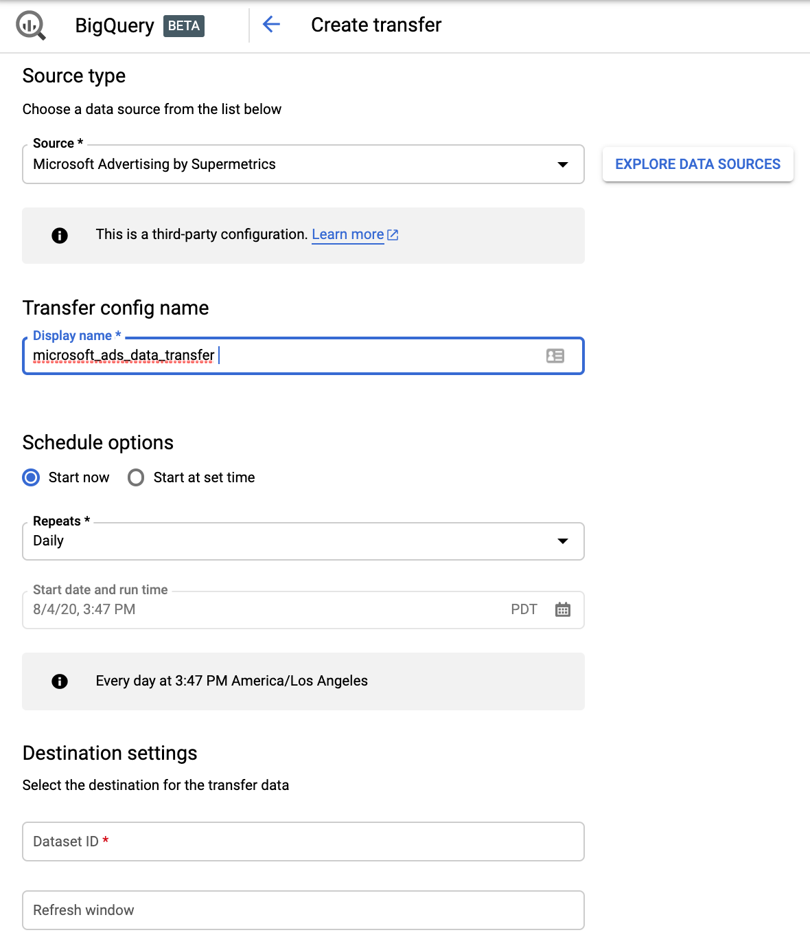 Google Big Query interface showing the Create Transfer form and necessary settings