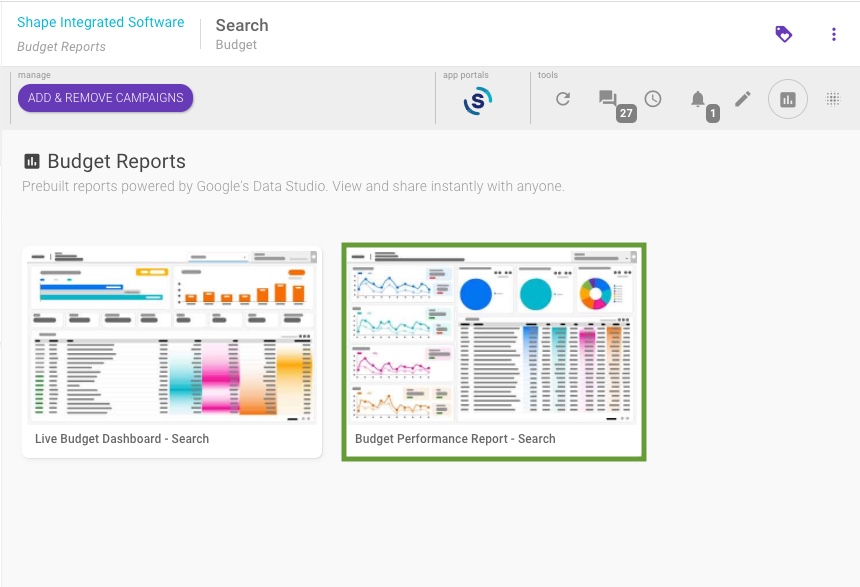 The budget-level reports page where Shape users can access the PPC Budget Performance Report