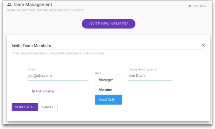 Shape's invite team member form showing how users select a user's role.