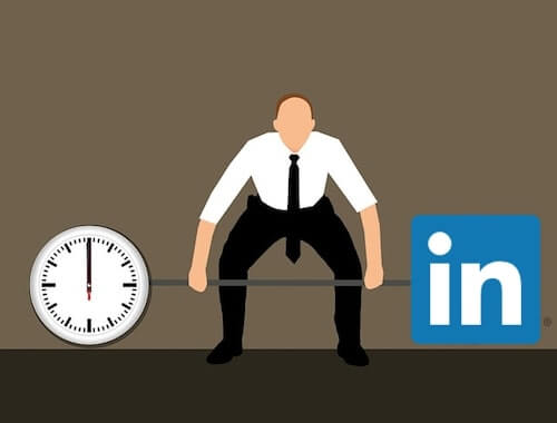 Man lifting barbell balancing time and LinkedIn logo
