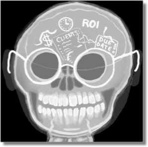 Xray of person with glasses skull showing PPC-related thoughts such as ROI, clients, and report due dates