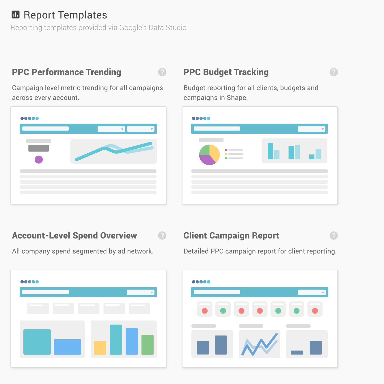 Image showing pre-built Shape Google Data Studio templates for PPC reporting