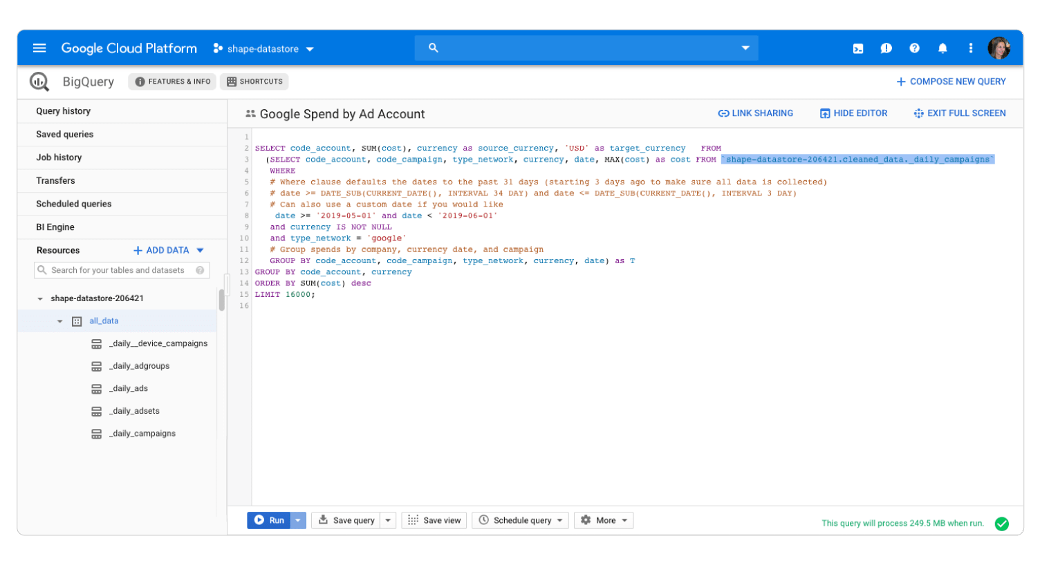 Shape Advertising Data Infrastructure data accessed via Google BigQuery SQL query